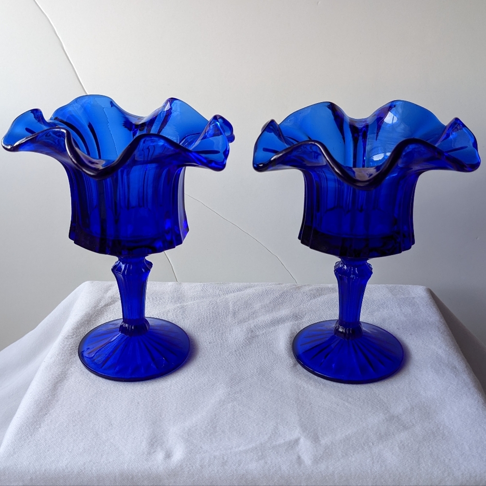 Vintage Fenton Vulcan Cobalt Blue Handmade Crimped Rim Compote Candy Dish - 2 - Picture 6 of 16